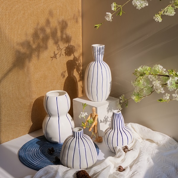 Modern Blue Striped Ceramic Vase